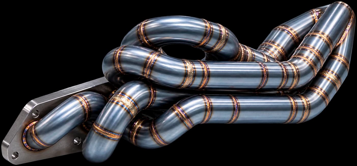 Deutsch Performance stainless steel turbo manifold, four runners converging into a single collector